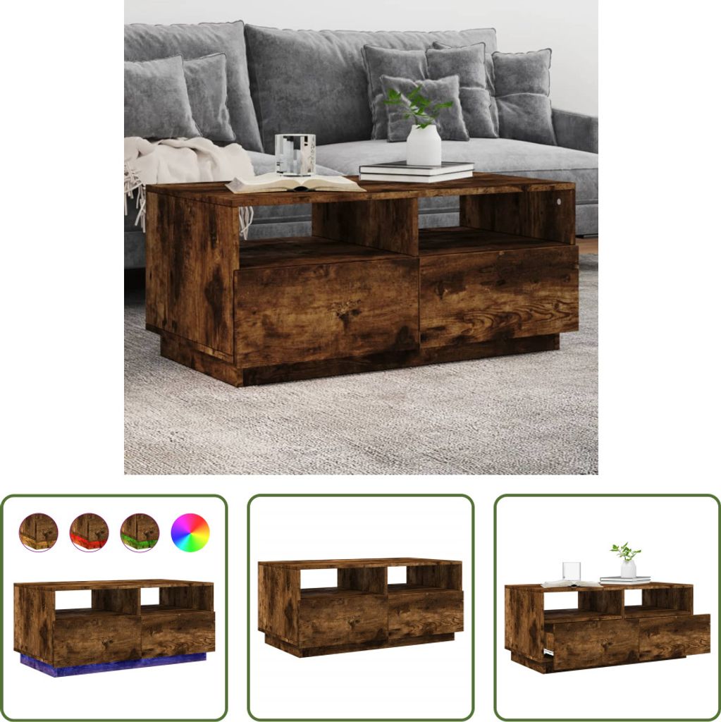 The Living Store Couchtisch mit LED-Leuchten Räuchereiche 90x49x40 cm