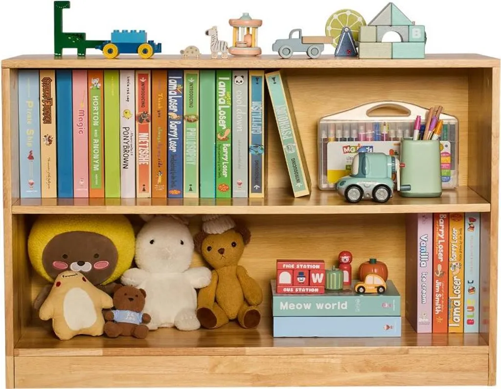 Étagère à jouets robuste 90 cm marron, armoire basse double compartiment - 9