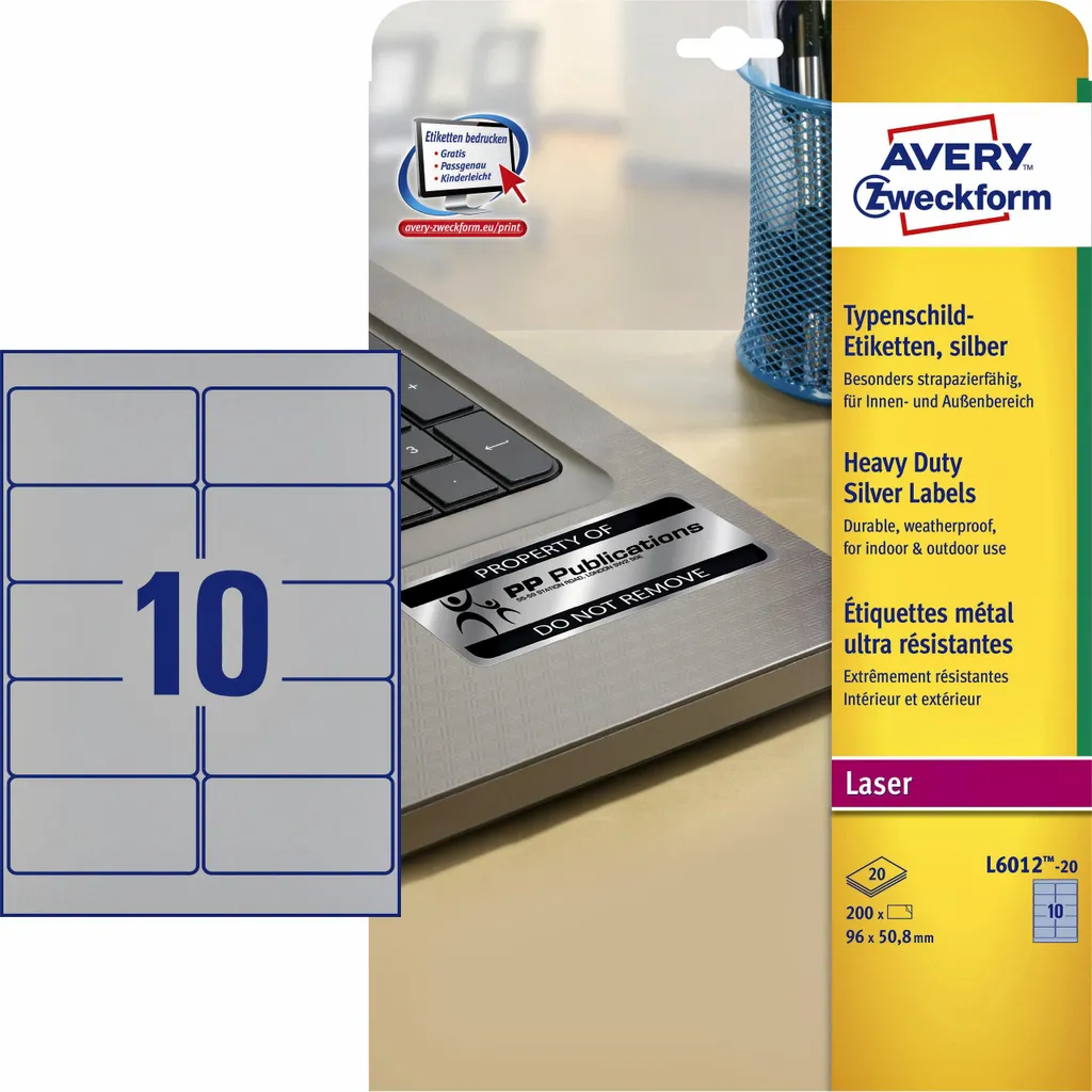 Avery L6012-20 Etichette Argento Poliestere 96x50,8mm | Alta Resistenza