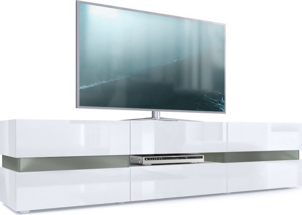 Vladon Lowboard Flow, Germany, TV-Kommode mit Ambient Light Verglasung mit 2 Türen, 1 Schublade und 1 Klappe, Weiß Hochglanz/Weiß Hochglanz (177...