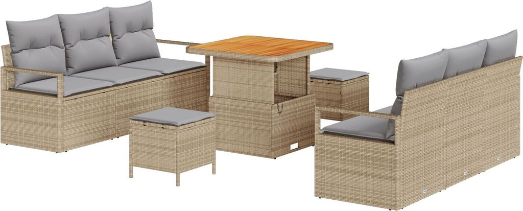 Möbel 9-teiliges Garten Sofa Set mit Kissen Beige Poly Rattan Akazie, 2-Sitzer Garten Sofa mit Stauraum & Kissen Beige Poly Rattan, 3-teiliges Gar...