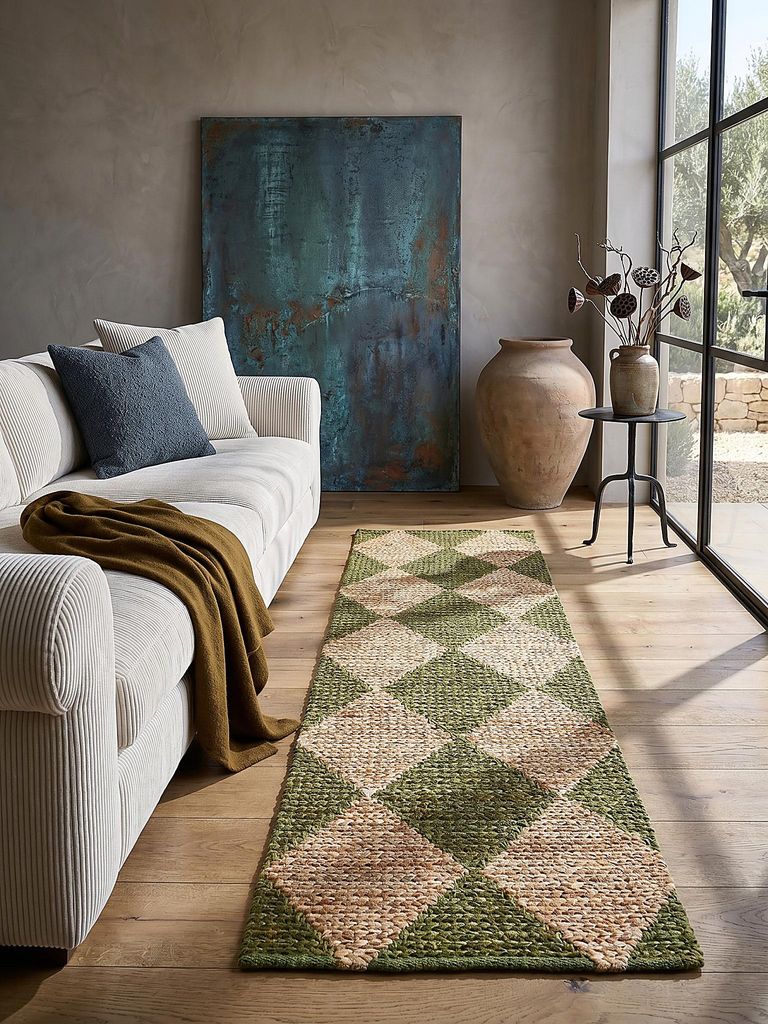 Teppichläufer Kurzflor Rauten Muster Jute Olivegrün 80x230 cm Diele Eingang Natural Living BAIN | Kadima Design