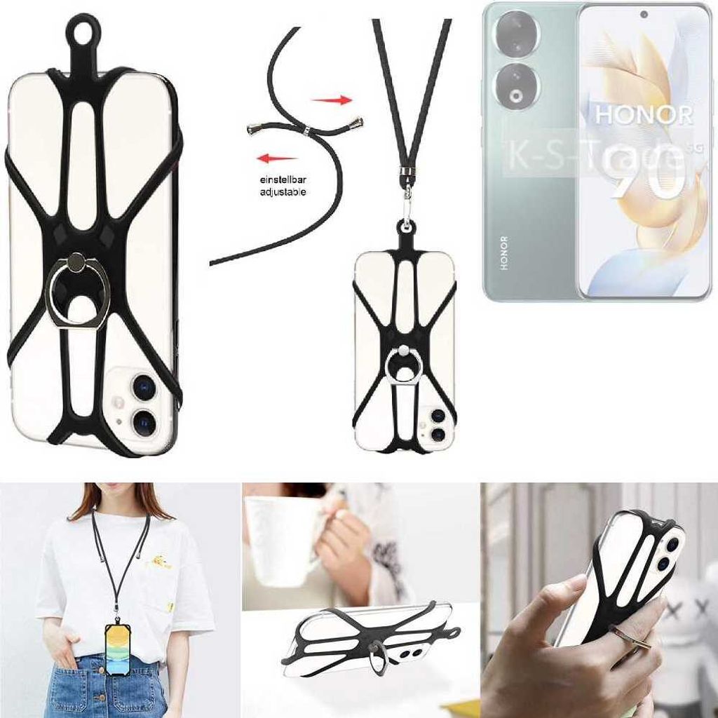 K-S-Trade 3in1 Handykette Handyband Handykordel Halsband Smartphone-Ring Handy-Ring kompatibel mit Honor 90 Fingerhalterung Handyring Tischständer
