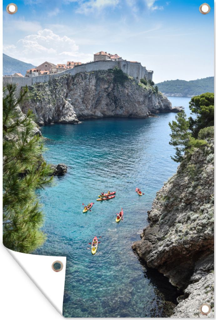MuchoWow 80x120 cm Outdoor-Poster Gartendeko Sichtschutz Garten Poster für den Garten Dubrovniks Küstenlinie mit Kajakfahren im Wasser, Kroatien