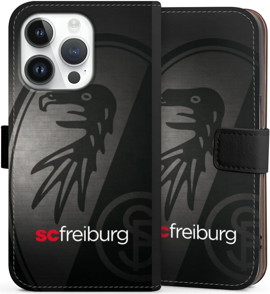 DeinDesign Klapphülle für Apple iPhone 14 Pro Handytasche Lederhülle Tasche Metallic Look Offizielles Lizenzprodukt SC Freiburg