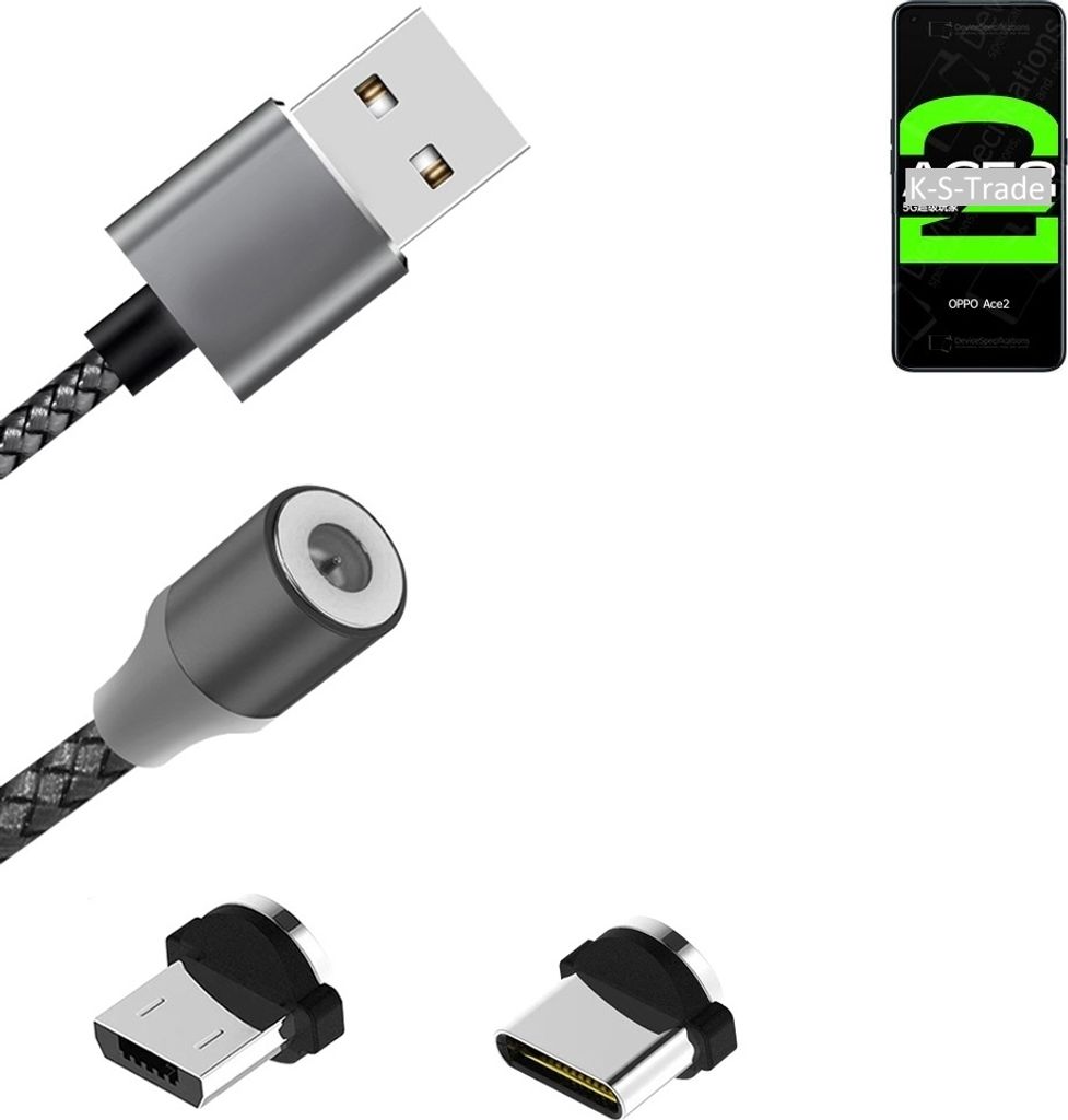 K-S-Trade Hochwertiges Magnet-Lade-kabel Sync-Kabel Daten-Kabel für Oppo Reno Ace 2 mit USB-Typ-C-Anschluss und Micro-USB-Anschluss 2A bis zu 480mbps