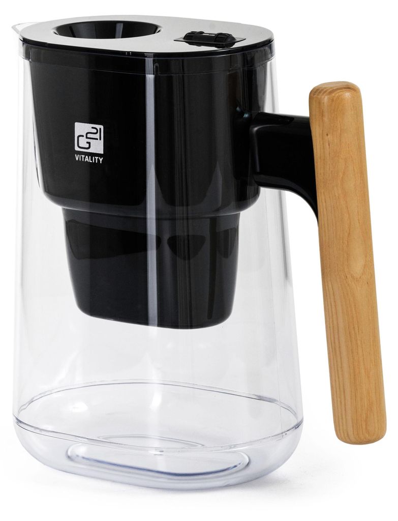 A water filter pitcher with a black filter housing and a wooden handle, set against a white background.