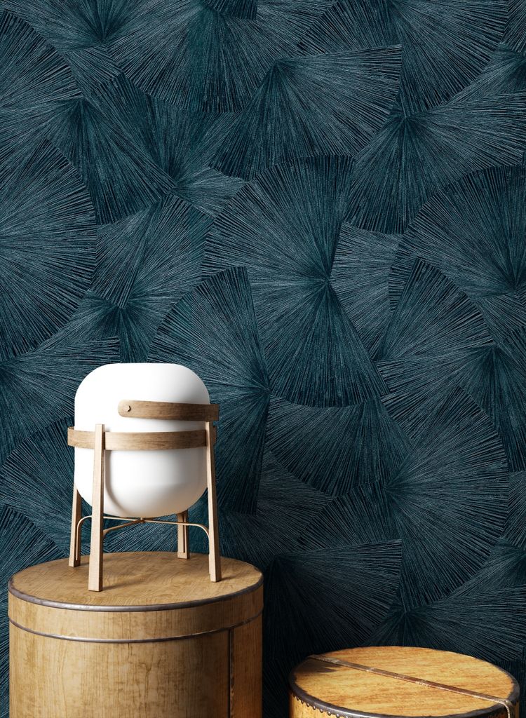 NEWROOM Tapete Blau Vliestapete Glänzend - Glanztapete Glamour Petrol Blätter Fächer Grafiktapete Metallic