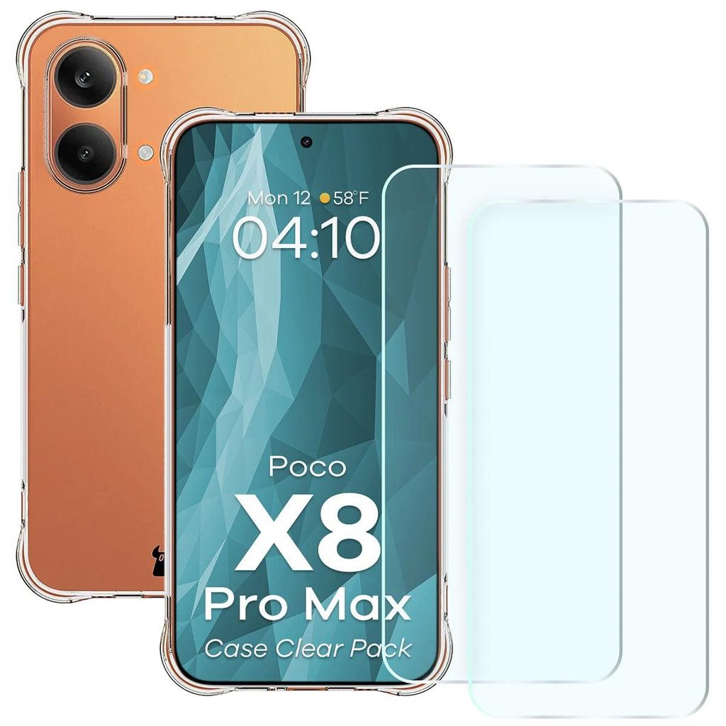 Schutzhülle + 2x gehärtetes Glas für Xiaomi POCO X8 Pro Max, Bizon Case Clear Pack, Transparent