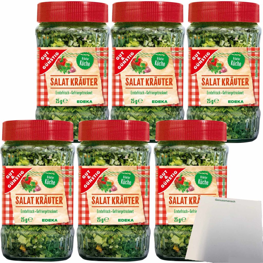 Gut & Günstig Salatkräuter gefriergetrocknet schmeckt wie frische Salatkräuter 6er Pack (6x25g Glas) + usy Block