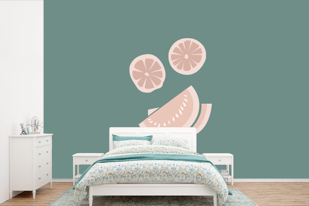MuchoWow Fototapete für Wohnzimmer oder Schlafzimmer Wandtapete Vinyl Motivtapete Sommer - Obst - Abstrakt - 600x400 cm - Vinyltapeten