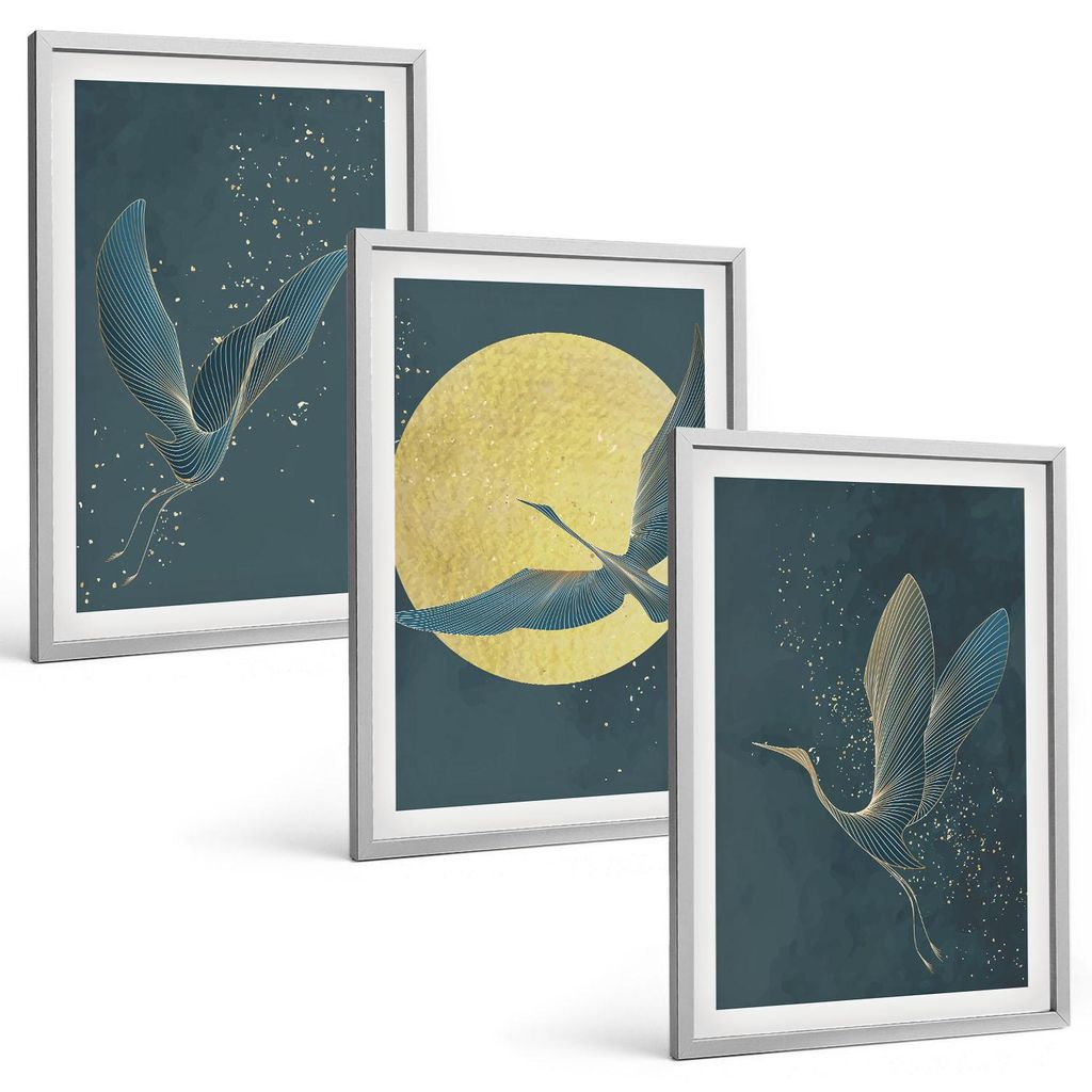 Bilder Set 3-teilig im silbergerahmten Rahmen – Wandbilder 3 Stück – gerahmte Poster für Wohnzimmer, Schlafzimmer und Flur – 40x60 cm – K...