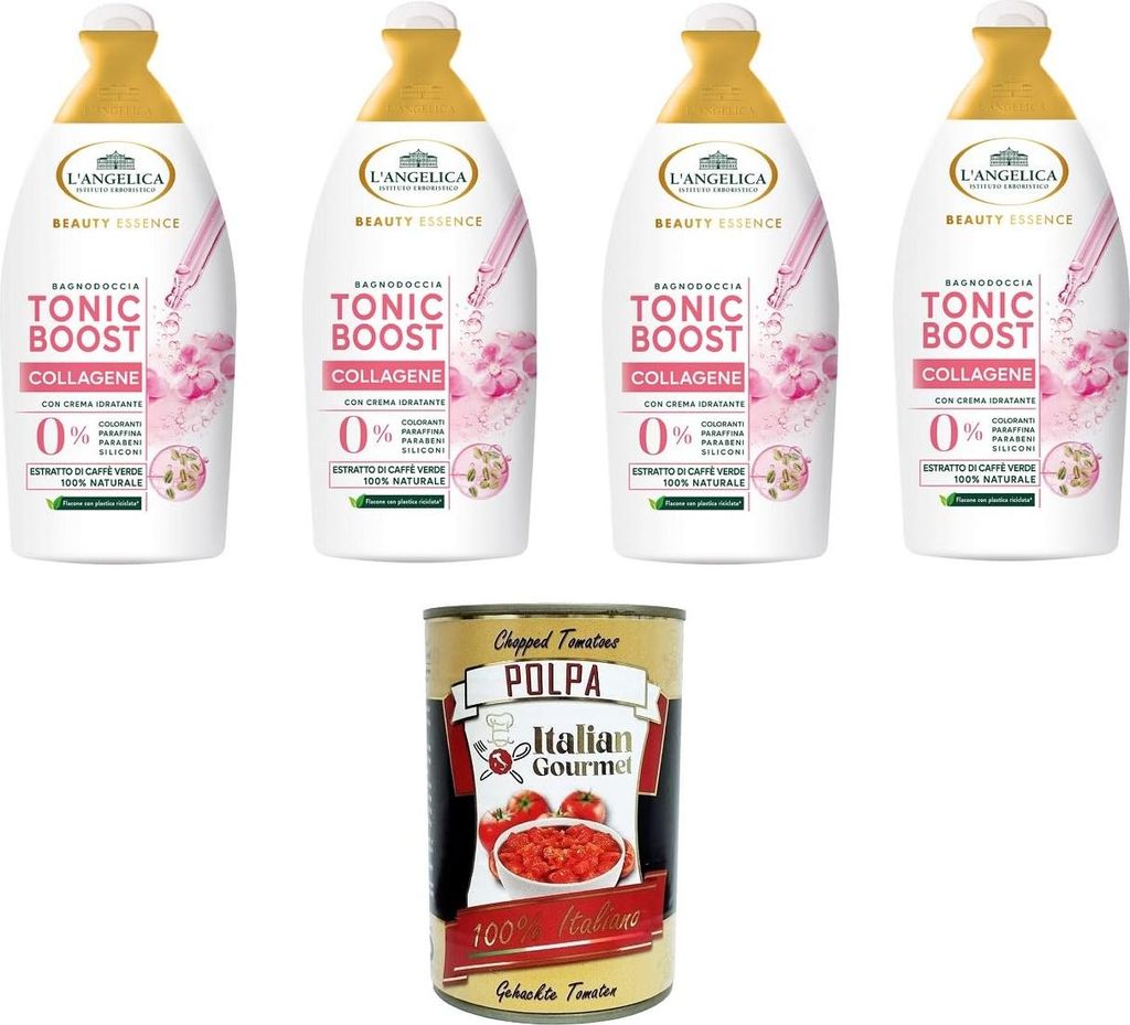 L'Angelica Beauty Essence Body Wash Tonic Boost Collagen mit Grünkaffee-Extrakt – 4x 520 ml+ Italian Gourmet polpa 400g