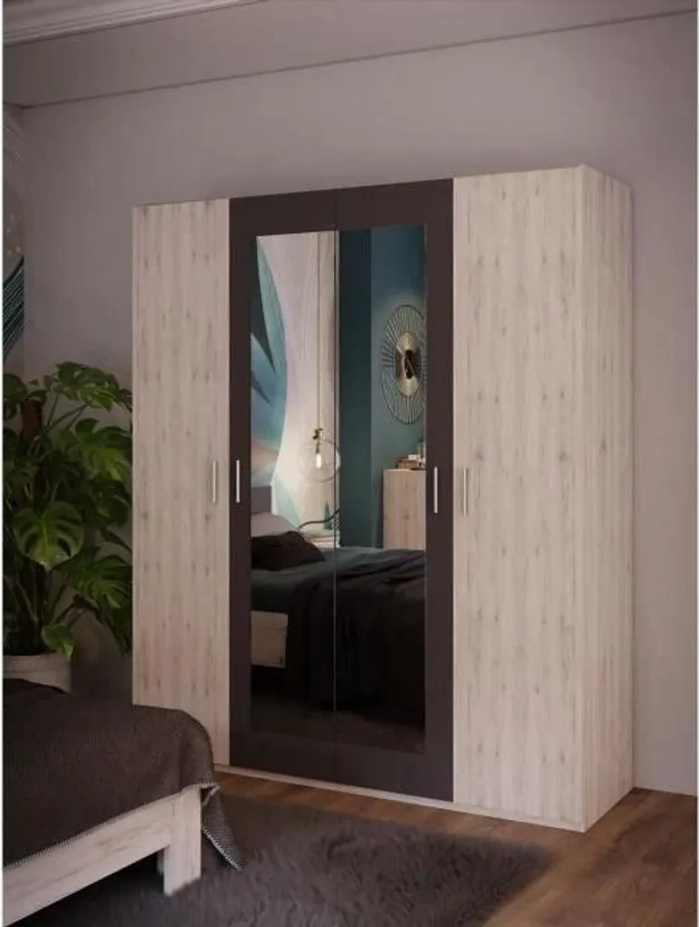 Grande Penderie de Chambre ADRIA Chêne et Gris avec 4 Portes et Miroirs