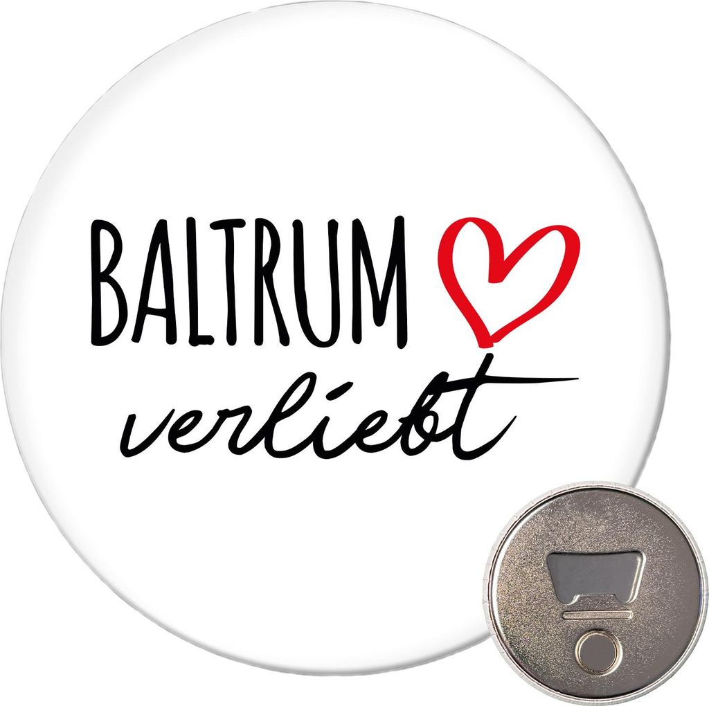Huuraa Magnet Baltrum verliebt 59mm Kühlschrankmagnet rund Flaschenöffner Geschenkidee