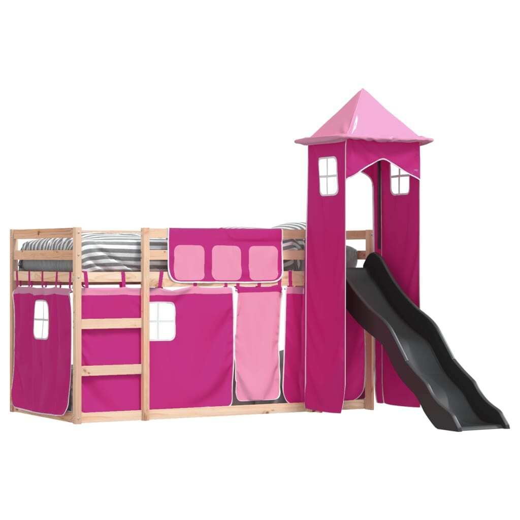 Maison Exclusive - Etagenbett mit Rutsche und Gardinen Rosa 90x200 cm