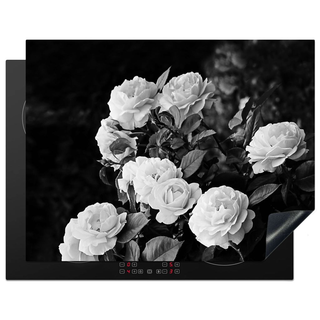 KitchenYeah Herdabdeckplatte Blumen - Schwarz und Weiß - Natur - Pflanzen - Rosen , 77x59cm, Küche Deko, Glaskeramikkochfeld Herdabdeckung, Abd...