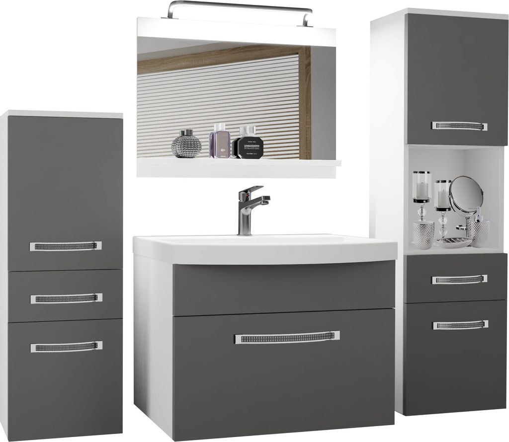 BELINI Badmöbel Vollausstattung Set Waschbeckenschrank, 1x kleiner Schrank, 1xHochschrank, Waschbecken, Spiegel, Lampe (Grau, Matt)