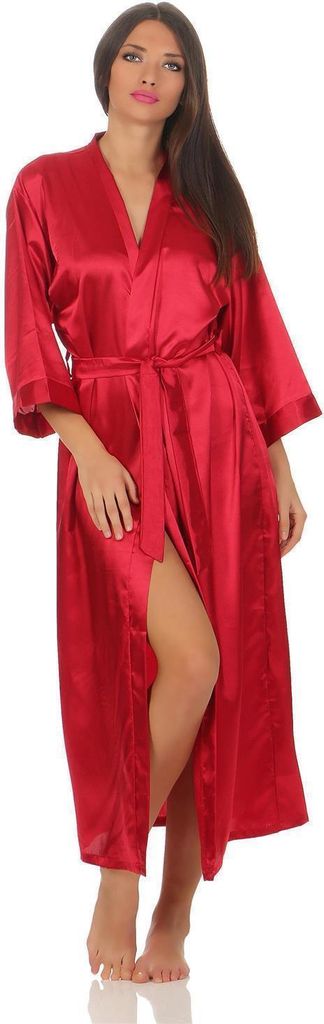 Damen langes Kimono Nachtmantel Seidenrobe Morgenmantel, Weinrot L