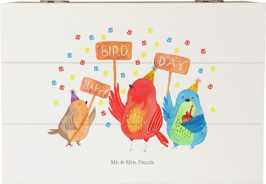 Mr. & Mrs. Panda Kiste 80. Geburtstag Happy Bird Day 22 x 15 cm - Weiß - Geschenk, Vögel, fotobox, aufbewahrungskiste mit deckel, Box aus Holz, B...