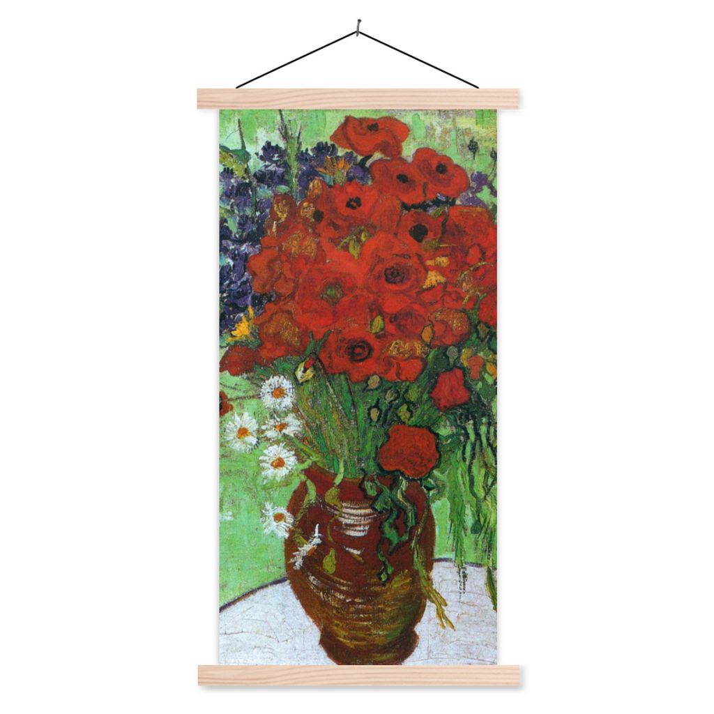 MuchoWow Textilposter Vase mit roten Mohnblumen und Gänseblümchen - Vincent van Gogh 60x120 cm mit holzfarbenen Rahmen - Holz