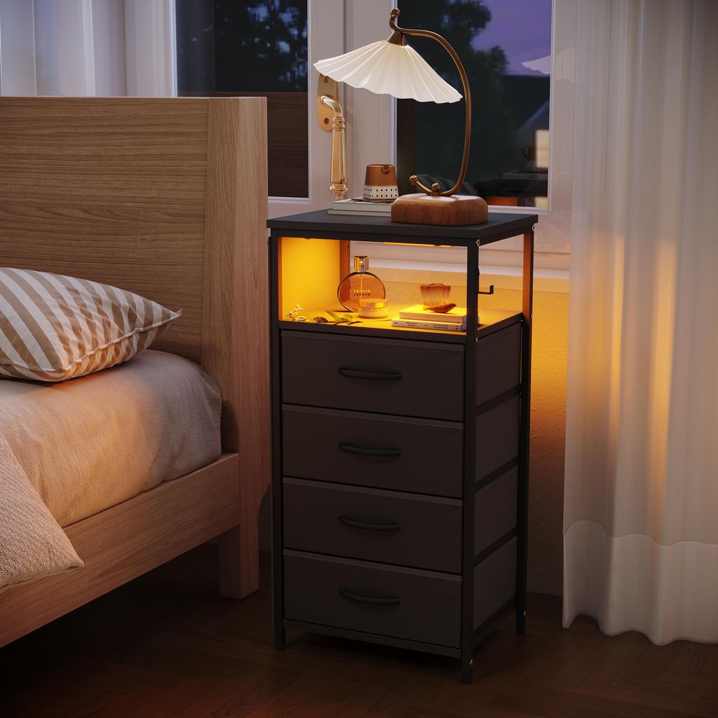 UnboxG Schwarzer Nachttisch 79,5x40x30 cm mit 4 Schubladen, LED Beleuchtung, USB Ladeanschluss, 4 Seitentaschen,2 L-förmige Haken Praktisches Schl...