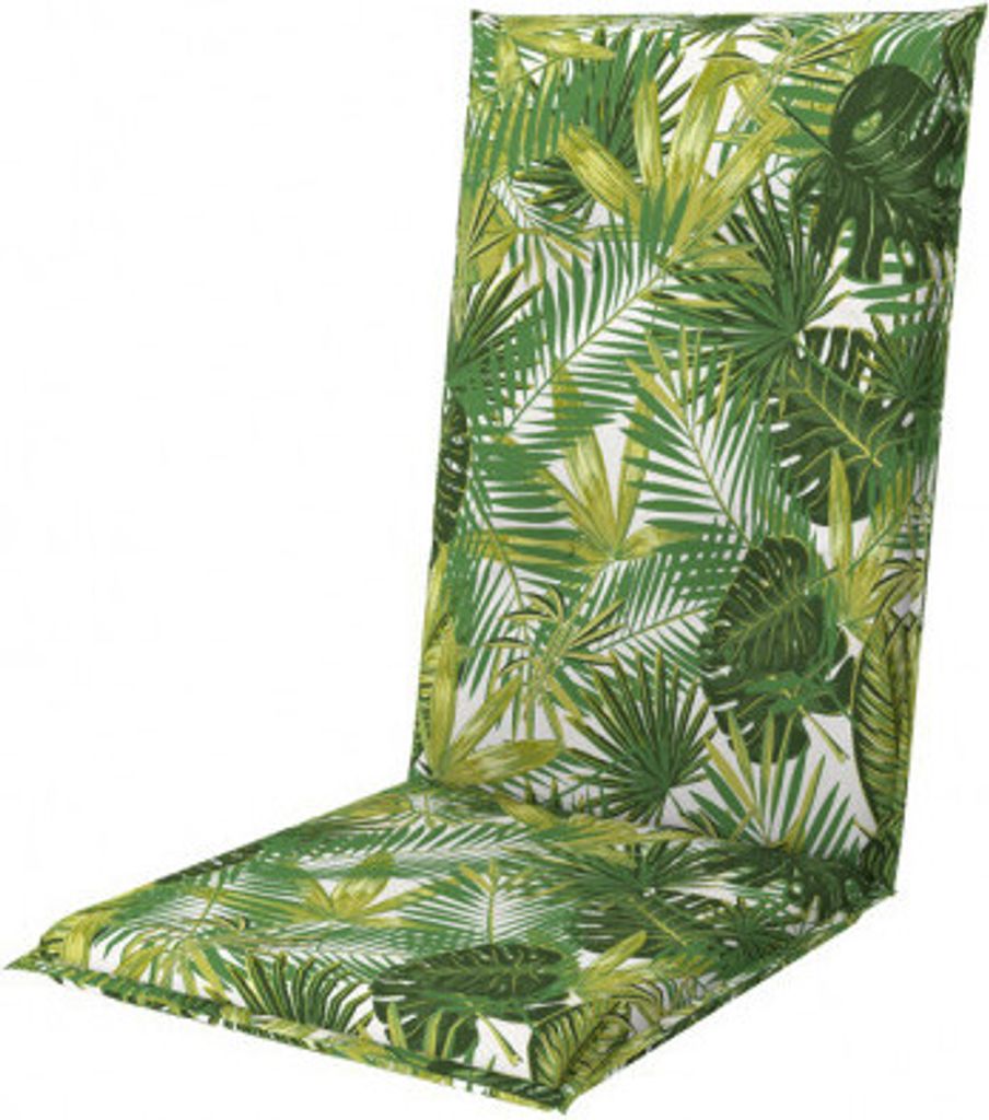 A chair cushion with a tropical leaf pattern on a white background.