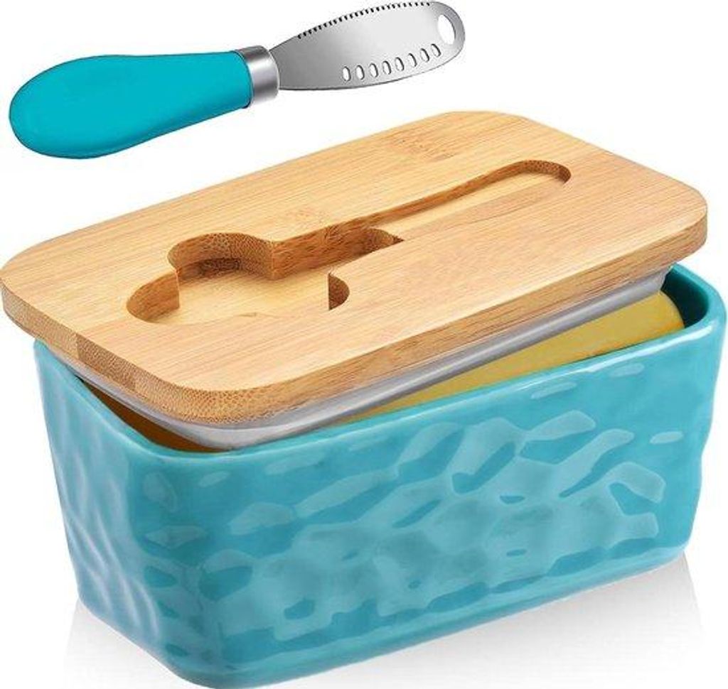 Keramische Butterdose mit Deckel und Messer leicht blau