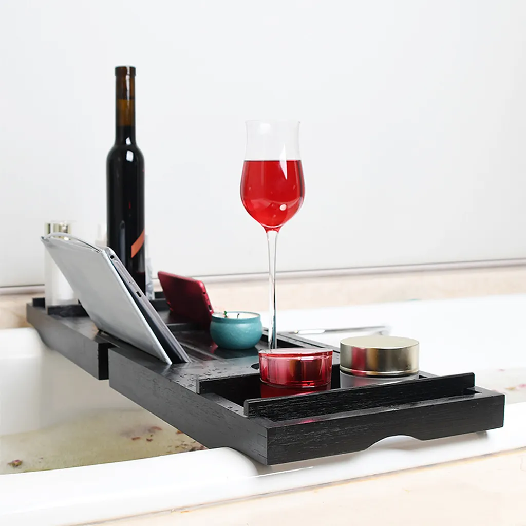 Tablette de bain en bambou noir avec support téléphone intégré
