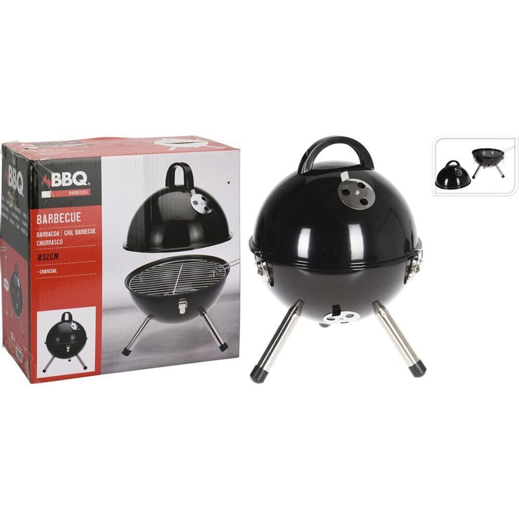 A black round ball BBQ grill is shown next to its packaging.