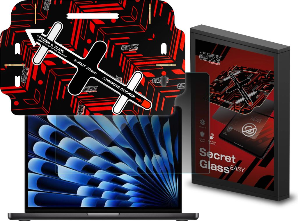 Hybrides Sichtschutzglas für MacBook Air 13.6" M4 2025, Grizz SecretGlass Easy mit Applikator, Matt