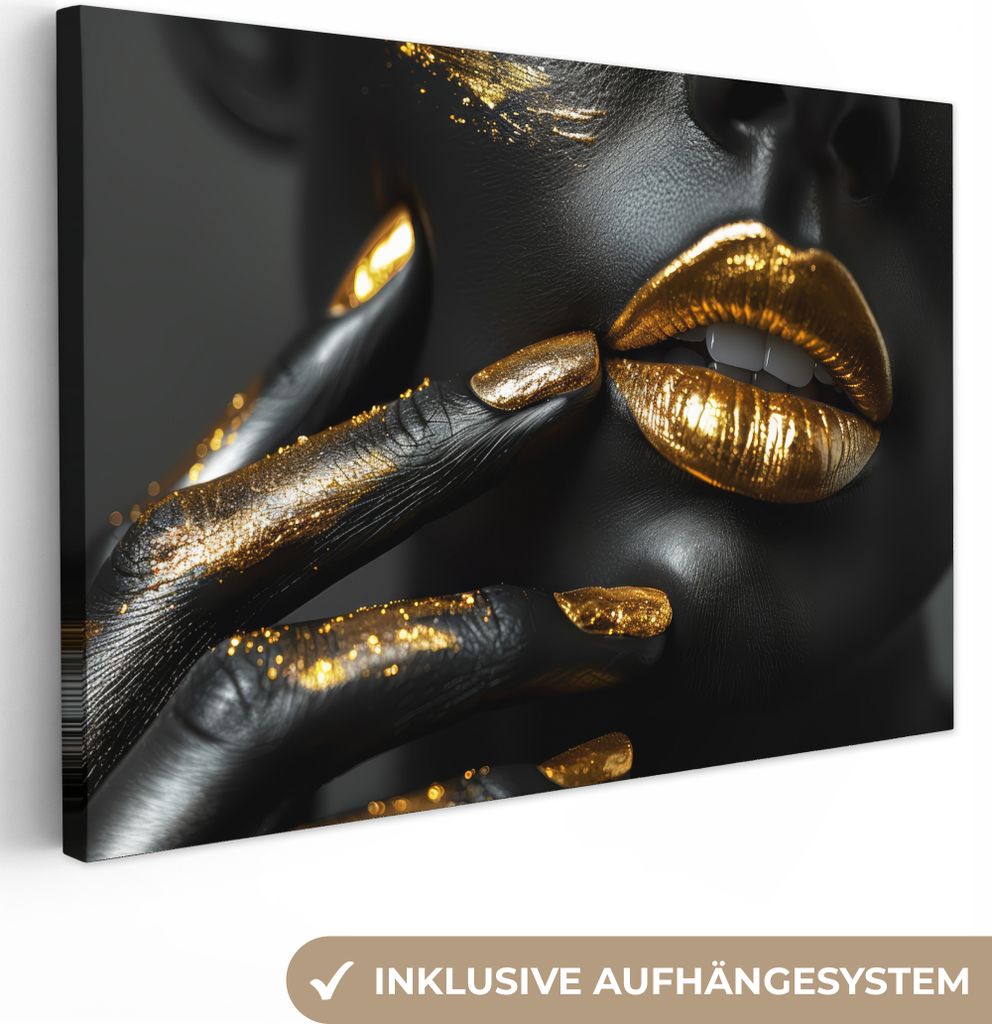 MuchoWow - Leinwandbilder - Lippen - Gold - Abstrakt - Schwarz - Frau, Wandbild, Wanddeko Bilder Wohnzimmer, 60x40 cm