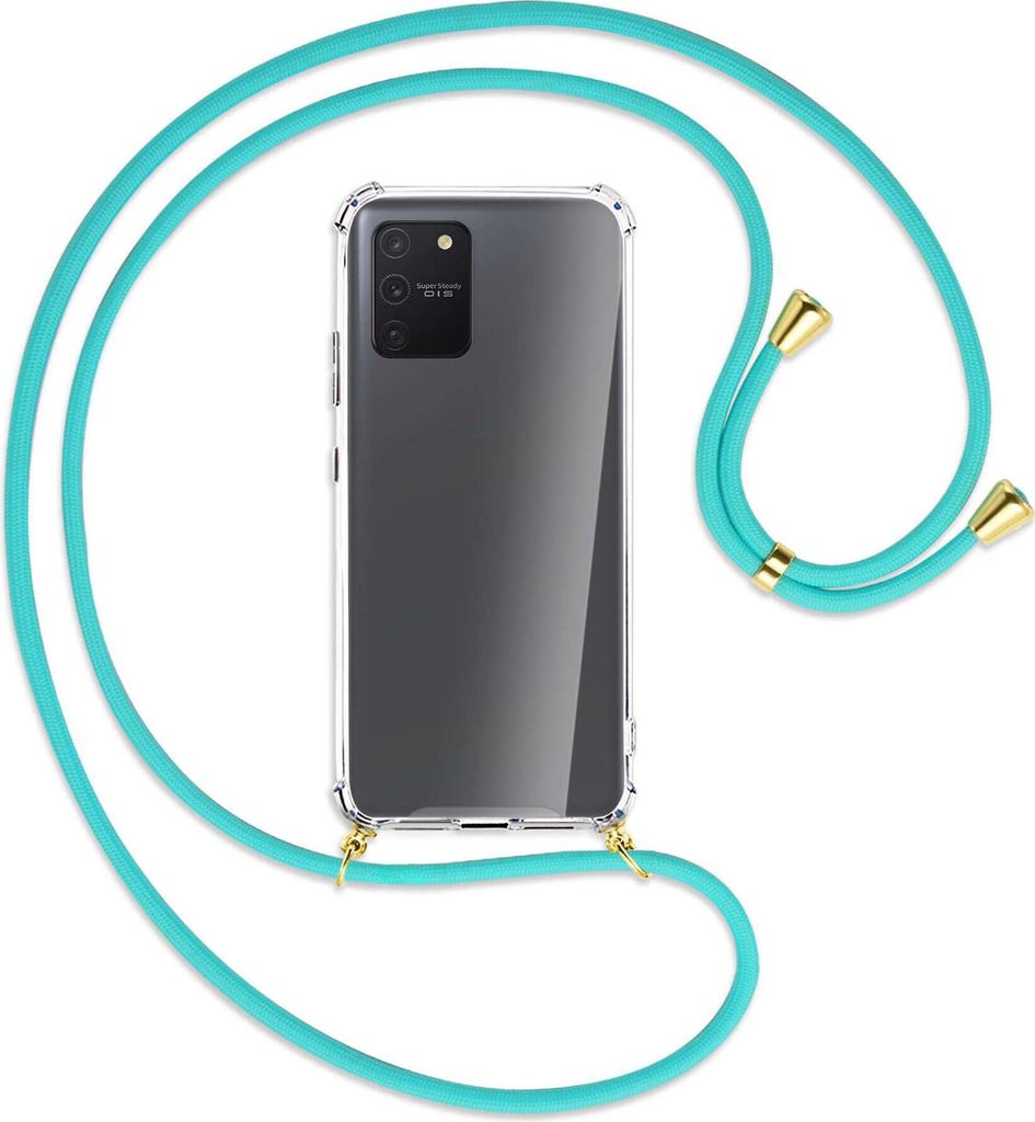 Handykette Backcover-Schutzhülle mit Band (Metall goldfarben) für Samsung Galaxy S10 Lite - türkis
