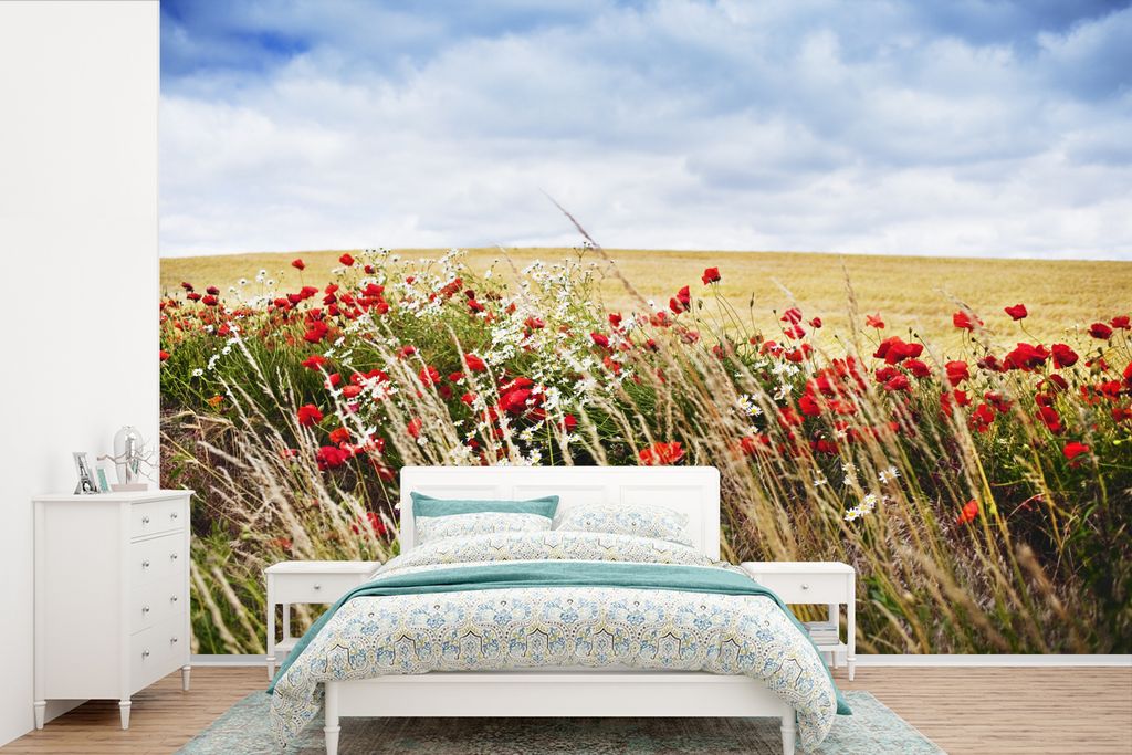 MuchoWow Fototapete für Wohnzimmer oder Schlafzimmer Wandtapete Vinyl Motivtapete Wolken - Blumen - Rot - 525x350 cm - Das Hintergrundbild