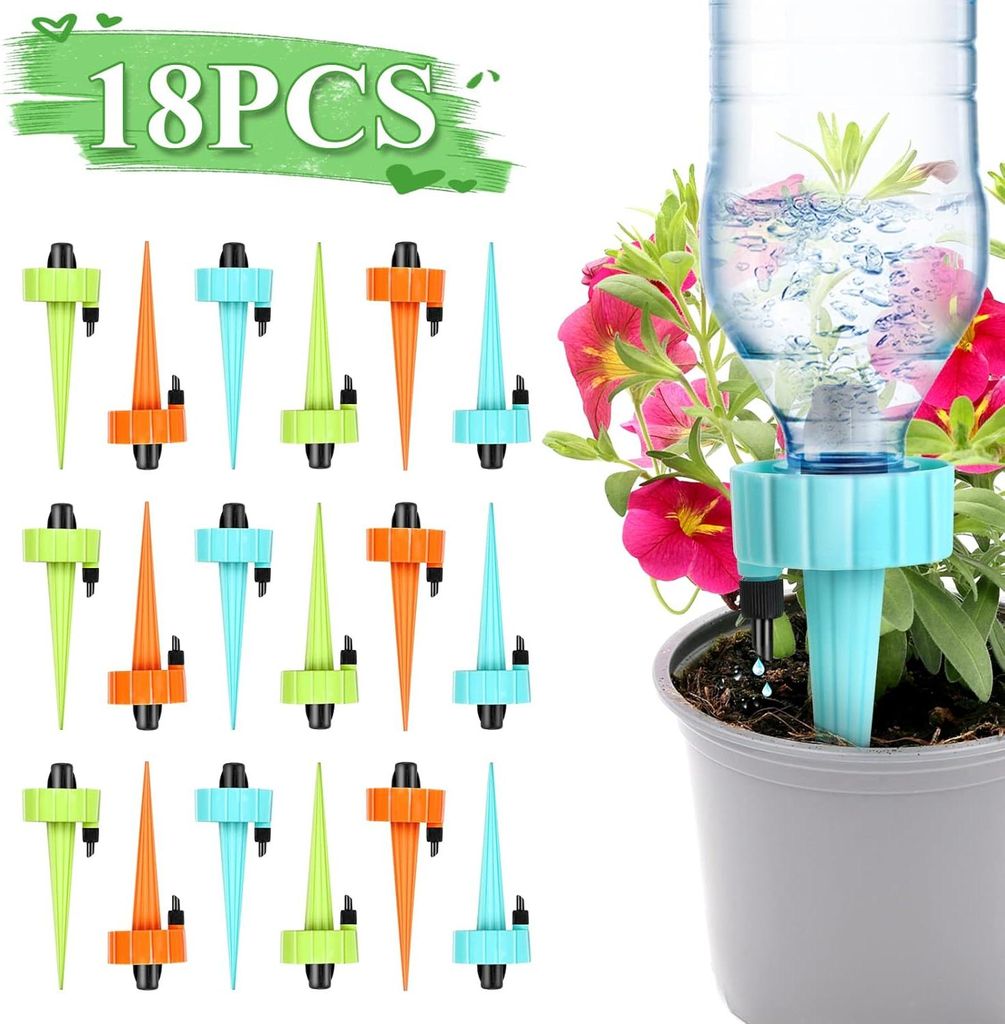 18-teiliges Tropfbewässerungsset, Tropfflasche, automatisches Bewässerungsset, einstellbare Ventile, Sprinkler für Topfpflanzen für Garten, Bal...