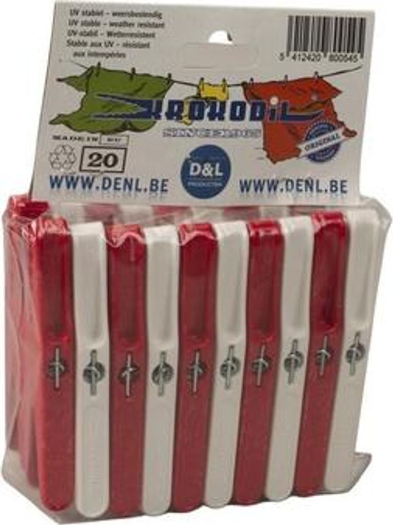 Krokodil-Wäscheklammern - 20 Stück - Rot/Weiß - Starke Wachsklammern aus Kunststoff - 9x2x1.1 cm