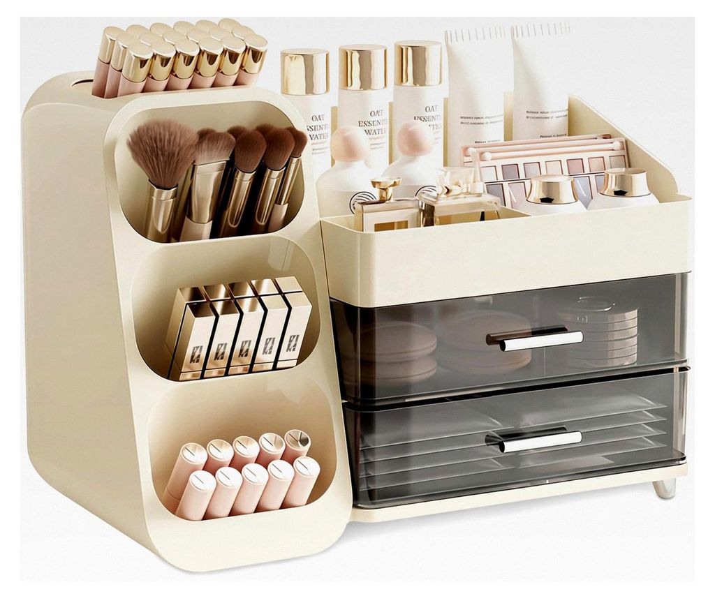 Kosmetik Organizer mit 2 Schubladen, 3-in-1 Multifunktions Organizer für Schminktisch, Pinsel Organizer, Kosmetik Aufbewahrung für Bad und Schlaf...
