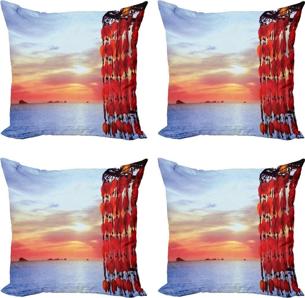 ABAKUHAUS Strand Kissenbezug Set (4 Stück), Traumfänger Ibiza Sunset, Moderner Doppelseitiger Digitaldruck, 45 cm x 45 cm, Red Blue Coral
