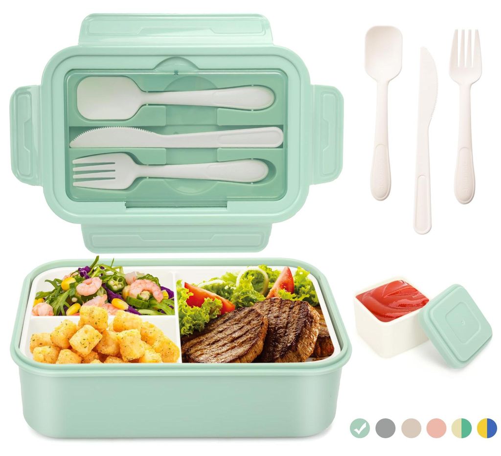 Lunchbox Bento Box Lunchbox für Erwachsene 1400 ml mit 3 Fächern für Kinder inkl. Besteck Snackbox Mikrowellen- und spülmaschinenfest, Schule, ...