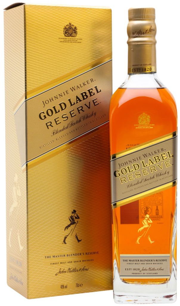 A bottle of Johnnie Walker Gold Label Reserve Blended Scotch Whisky and its packaging are displayed against a white background.