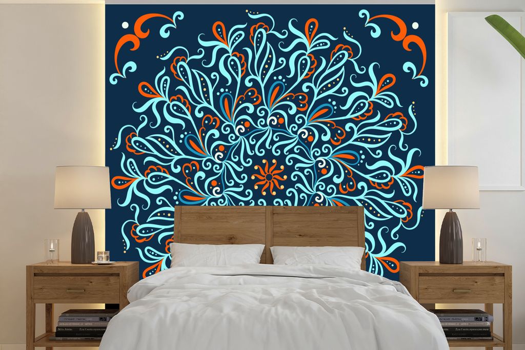 MuchoWow Fototapete für Wohnzimmer oder Schlafzimmer Wandtapete Vinyl Motivtapete Mandala - Blau - Muster - 220x220 cm - Tapeten
