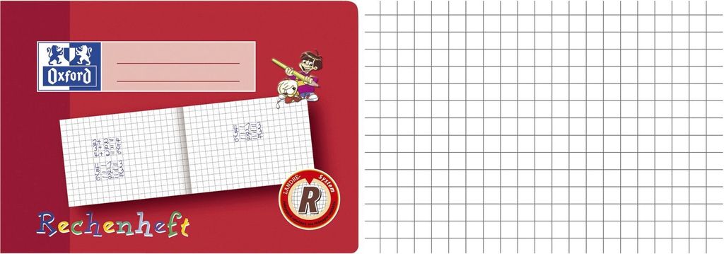 A marketing image for an Oxford Rechenheft (math notebook) showing a stylized illustration of a notebook with some math problems, a label, and a cartoon character.