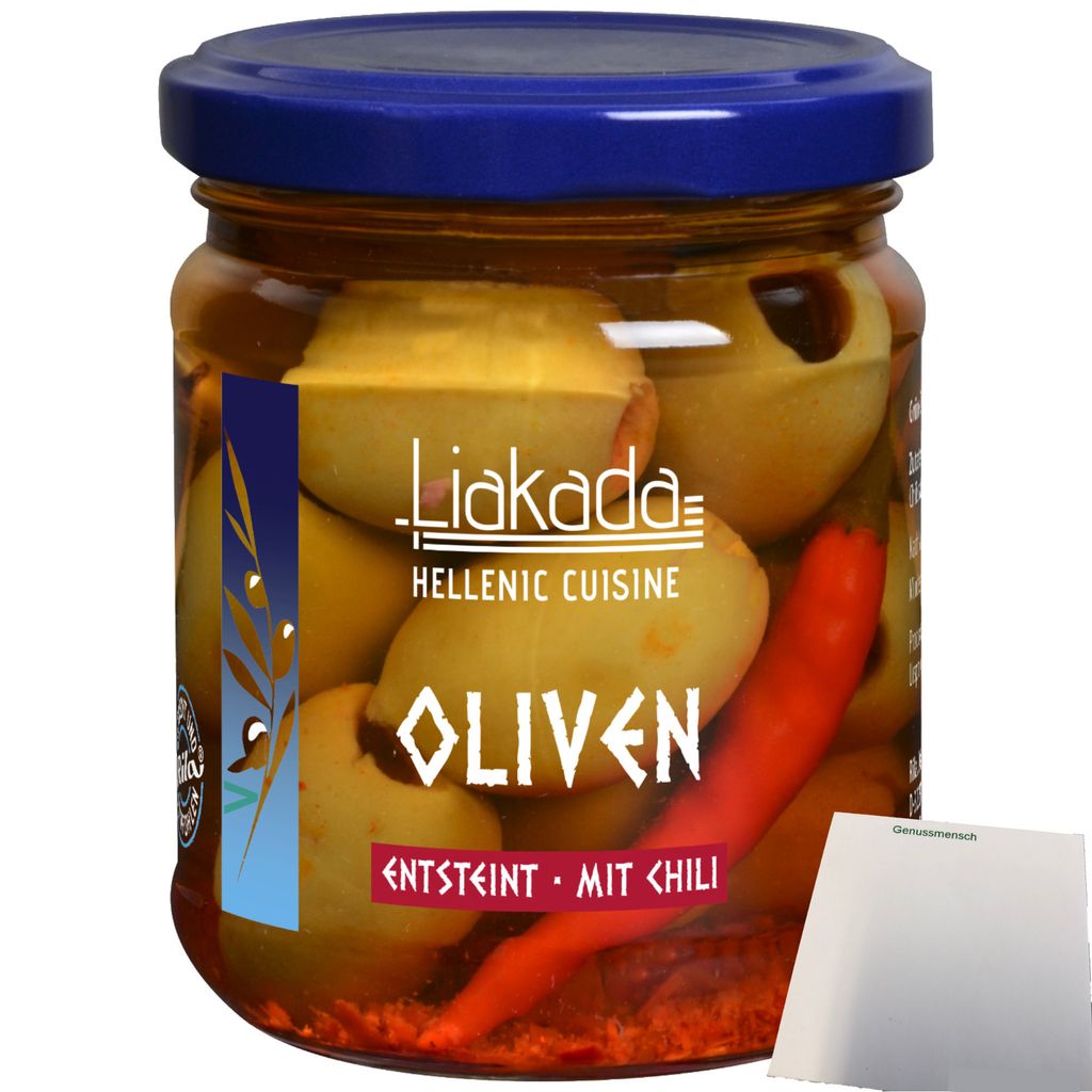 Liakada Oliven mit Chili entsteint (90g Glas) + usy Block