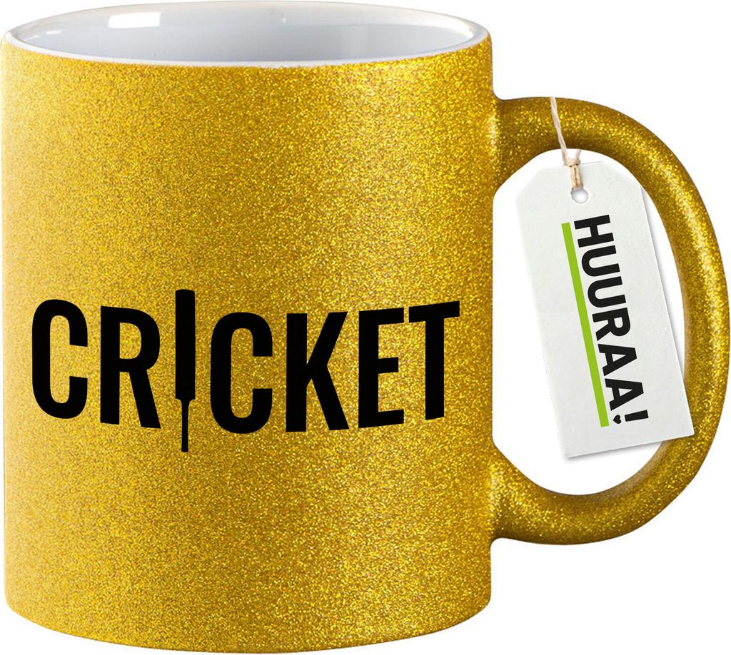 Huuraa Glitzertasse Cricket Schriftzug 330ml Gold Keramik Kaffeebecher Geschenkidee