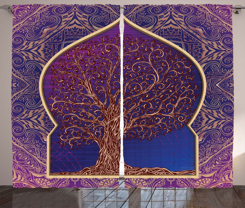 ABAKUHAUS Ethnisch Rustikaler Vorhang, Retro Eastern Branchen, Wohnzimmer Universalband Gardinen mit Schlaufen und Haken, 280 x 245 cm, Lila Blau
