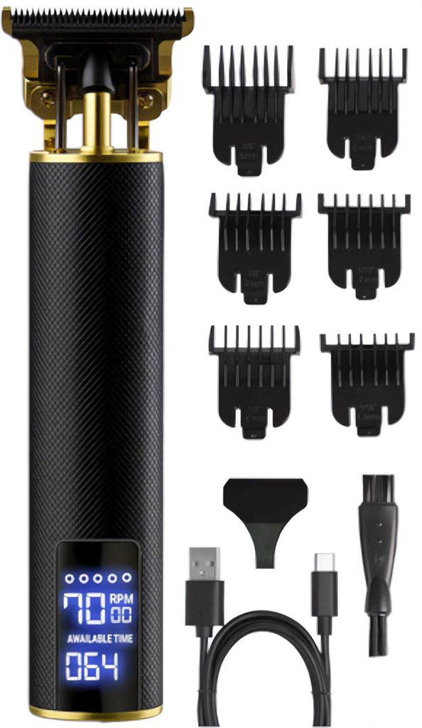 A black and gold hair trimmer with multiple attachments and charging cables, displayed against a white background.