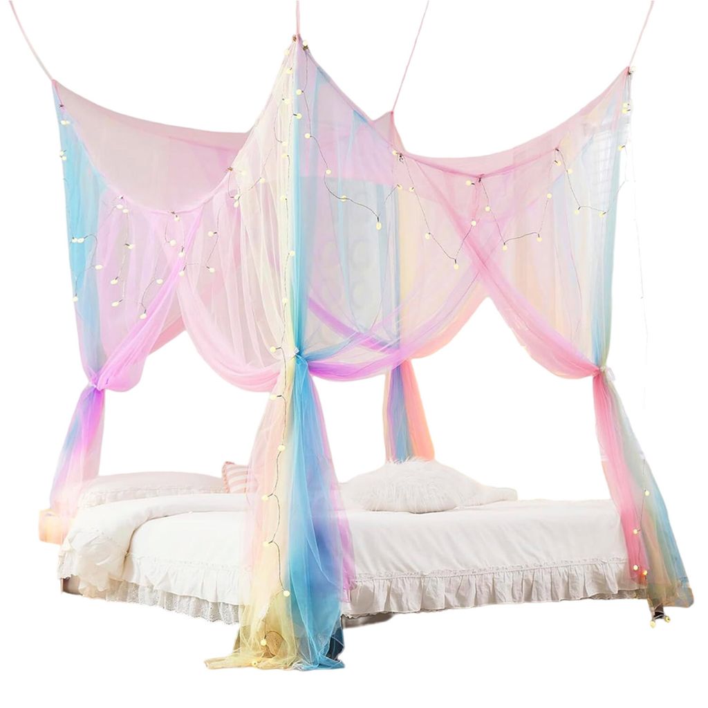 Moskitonetz Doppelbett mit 4 Eckpfosten, Moskitonetz Bett, Himmelbett Vorhänge 190x210x240cm, Farbig