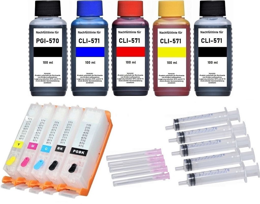 Wiederbefüllbare Tintenpatronen wie Canon PGI-570 + CLI-571 - 5 Patronen mit Auto-Reset-Chips + 500 ml Nachfülltinte black, cyan, magenta, yellow...