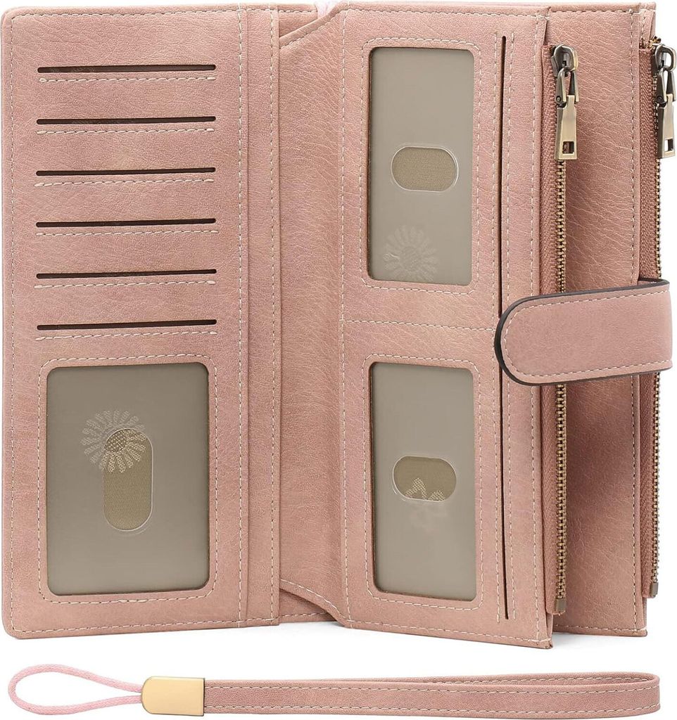 OKWISH Herren Geldbörse aus Leder mit RFID Schutz, Hochformat Portemonnaie, Hell-Pink