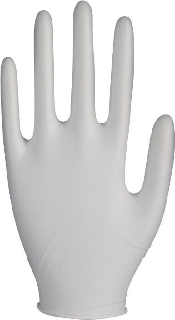 A white disposable glove is shown against a white background.